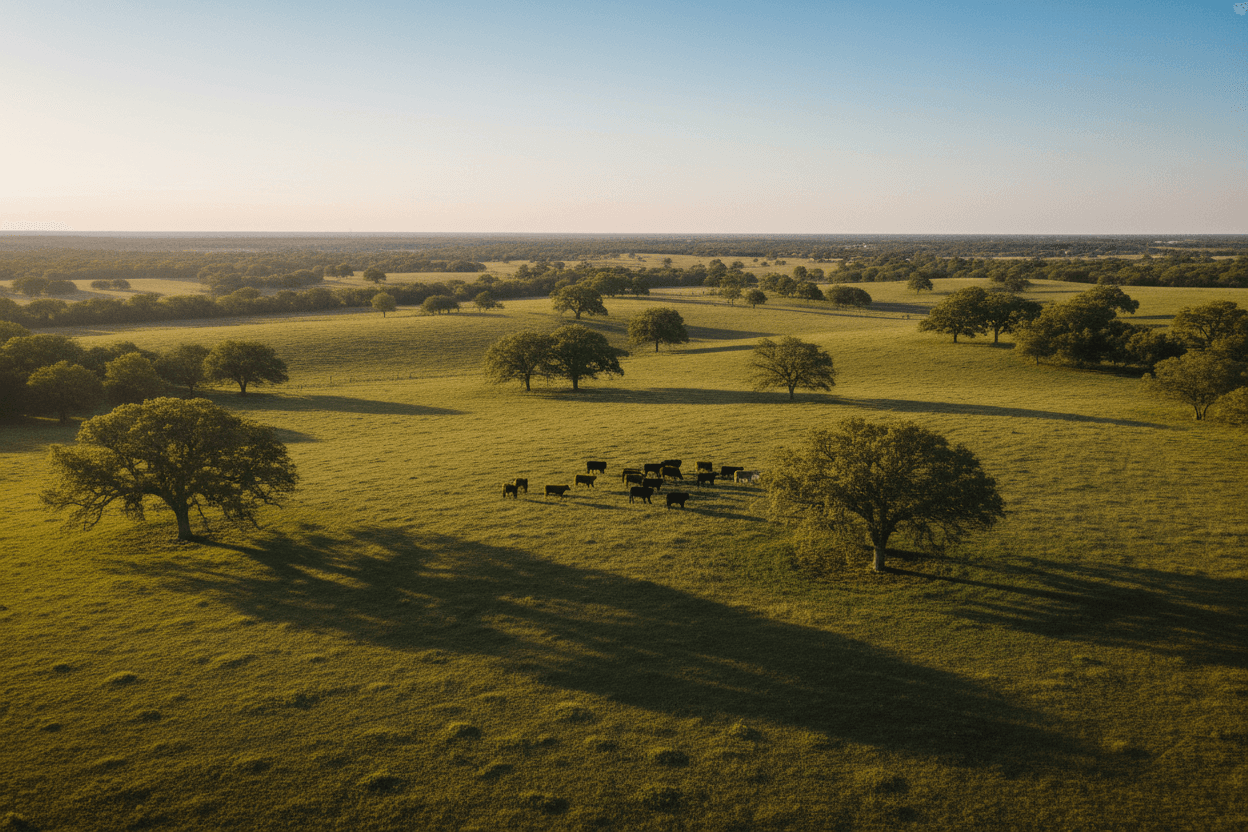 Beautiful landscape of cattle grazing on lush green rolling hills under a soft blue sky