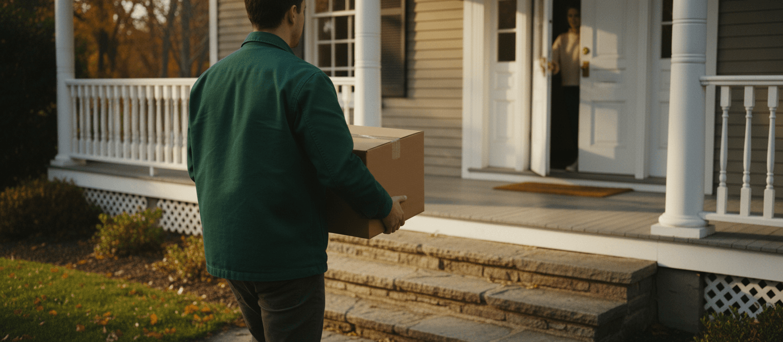 A Harbs Farm driver carrying a box up the front steps as the homeowner opens the door