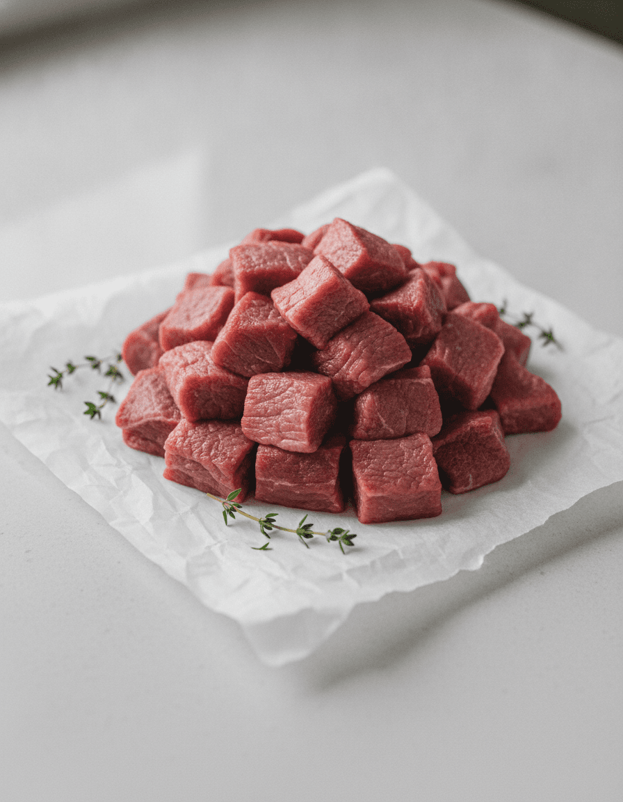 Hand-cut goat cubes on white butcher paper, curry and biryani ready