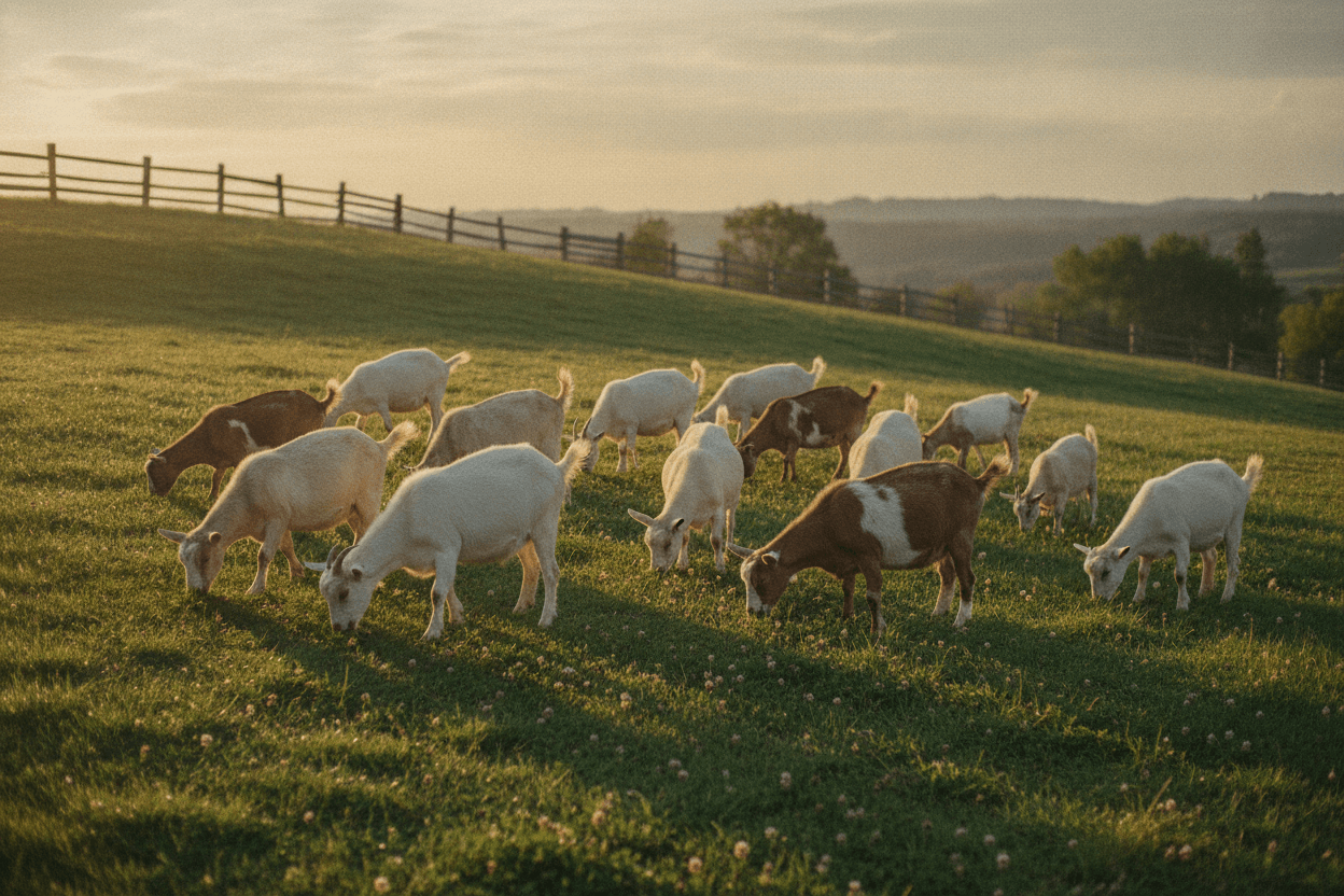Goats grazing across a green hillside pasture at golden hour