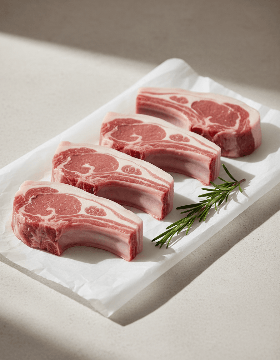 Raw lamb loin chops with rosemary on white butcher paper