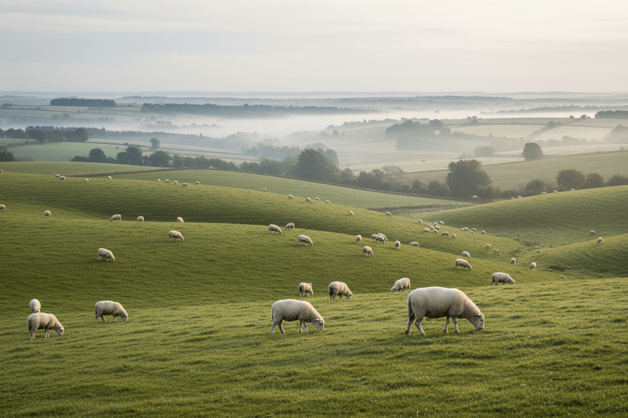 Sheep grazing across rolling green hills in soft morning mist