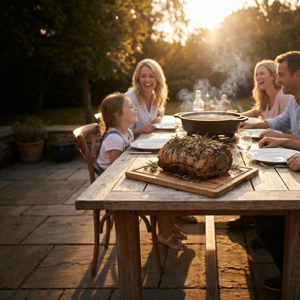 Family gathered around an outdoor farm table with a rosemary-crusted roast