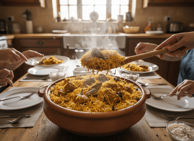 Customer photo: goat biryani served at the family table