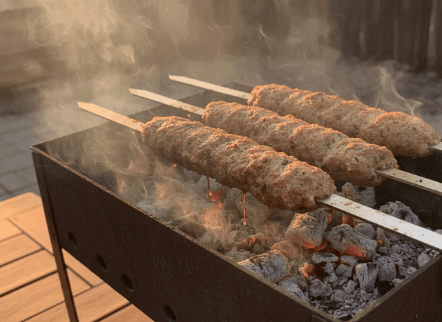 Customer photo: kofta skewers on the grill