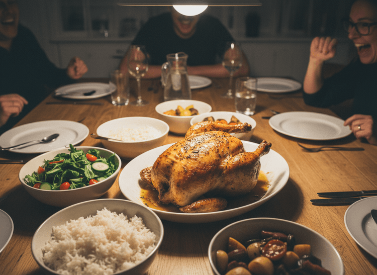 Customer photo: roast chicken dinner on the family table