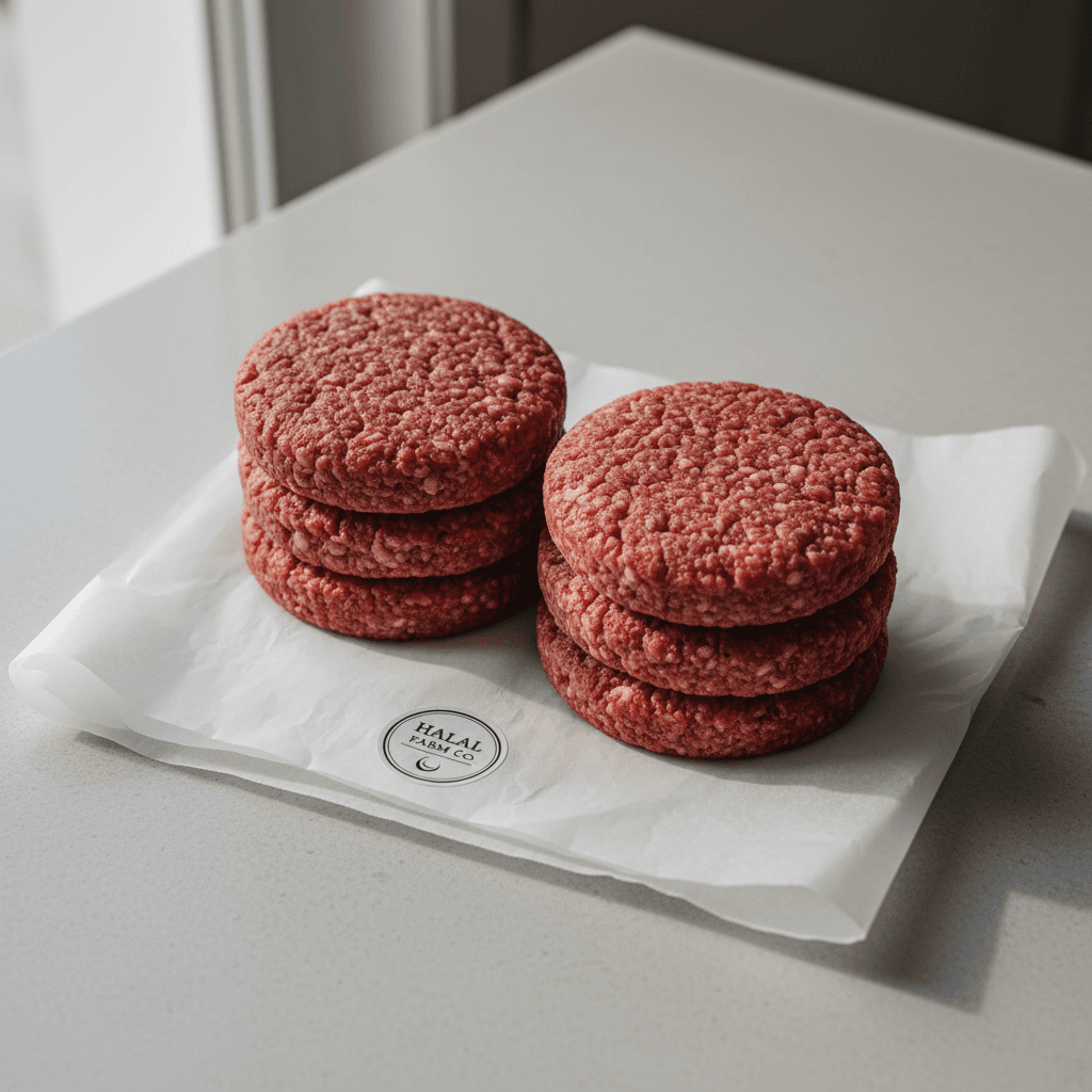 Fresh beef burger patties on butcher paper